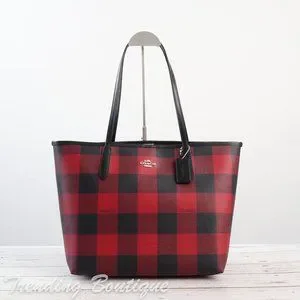 Coach Bags Nwt Coach City Tote With Buffalo Plaid Print In Silverblack941 Red Poshmark